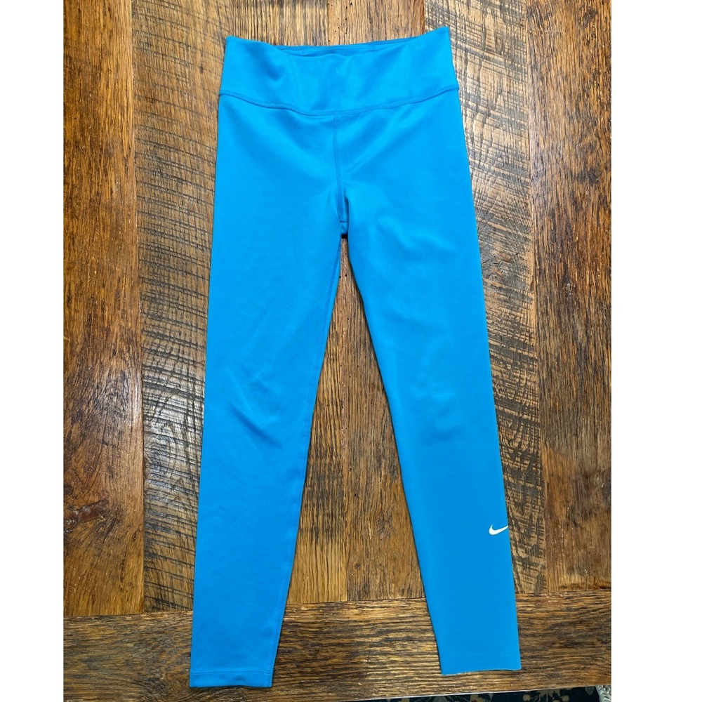 Nike Girls Blue Dri-FIT Athletic Leggings Performance Tights White Swoosh Logo